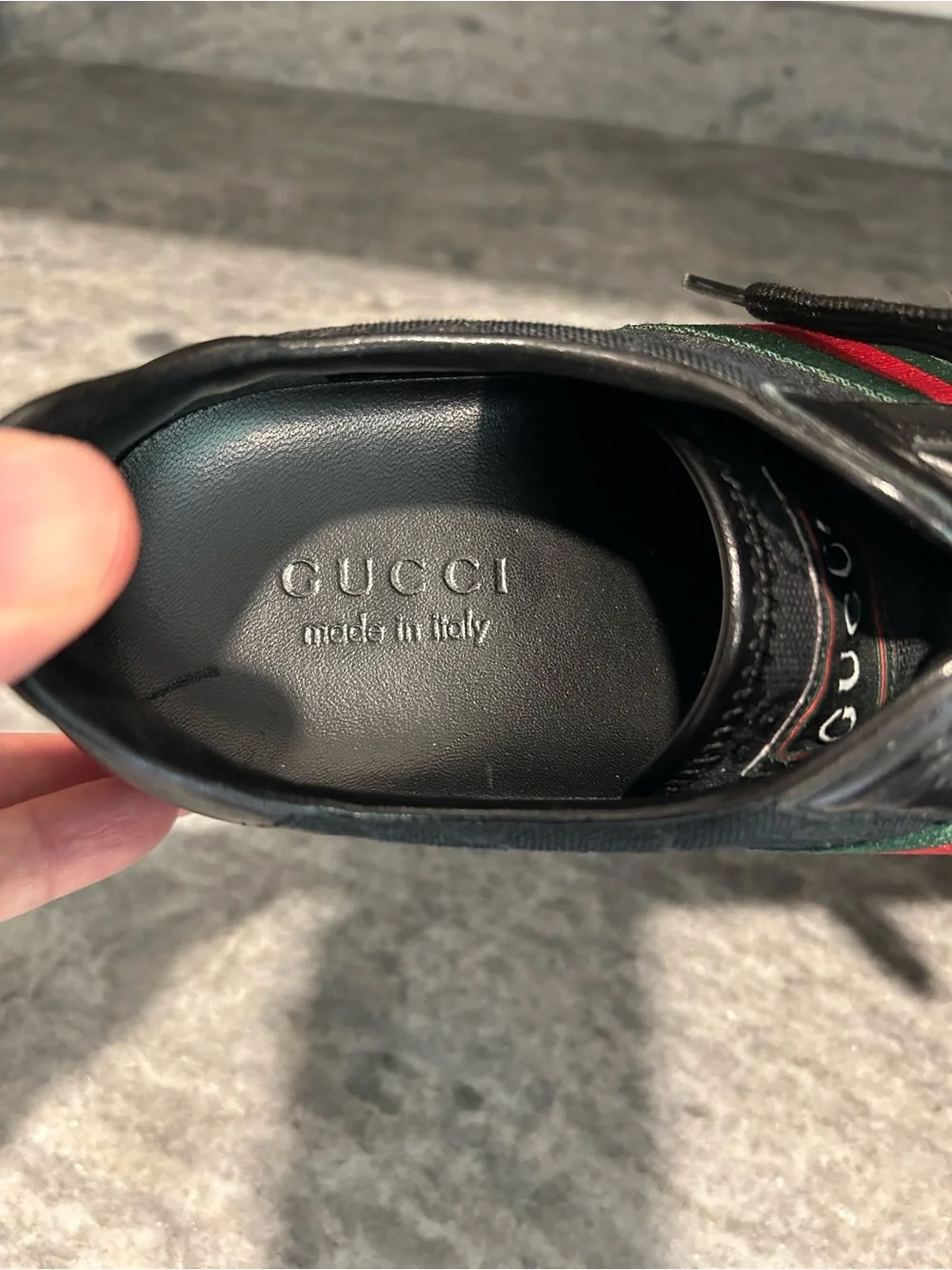 Gucci Black Leather & GG Canvas Sneaker with Red and Green Stripe Size 10 US